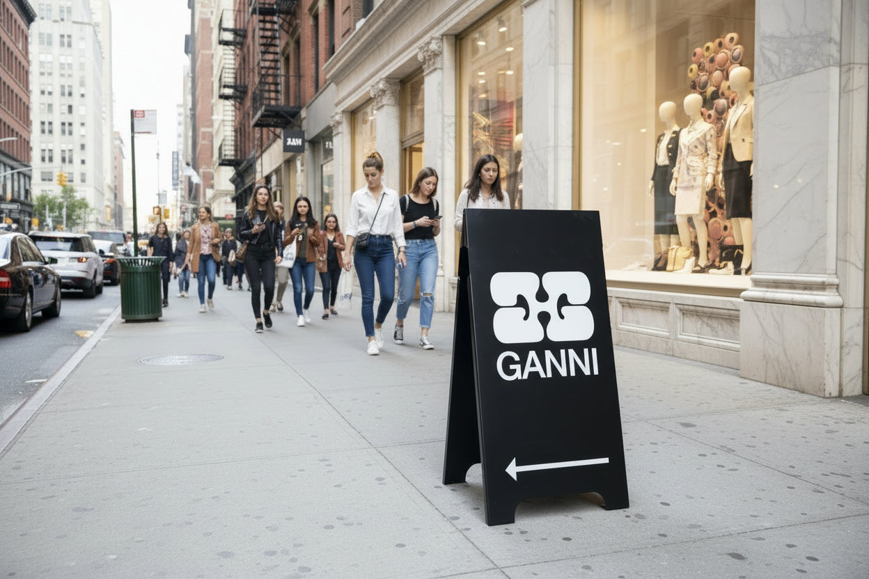 Black a-frame sign with white graphics and text on busy city sidewalk