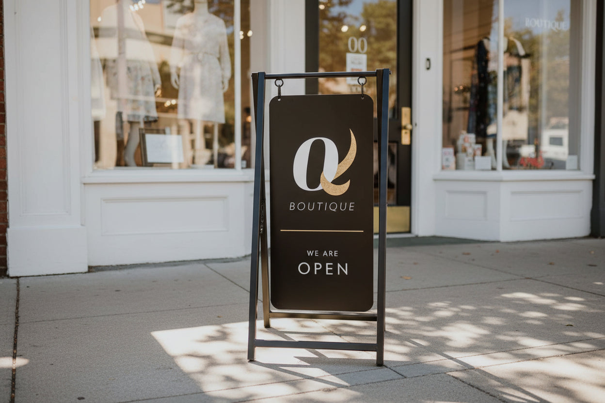 Outdoor sign for a boutique with 'Q' logo and 'We Are Open' text.