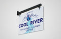 Cool River restaurant sign with mountain graphic on a white background