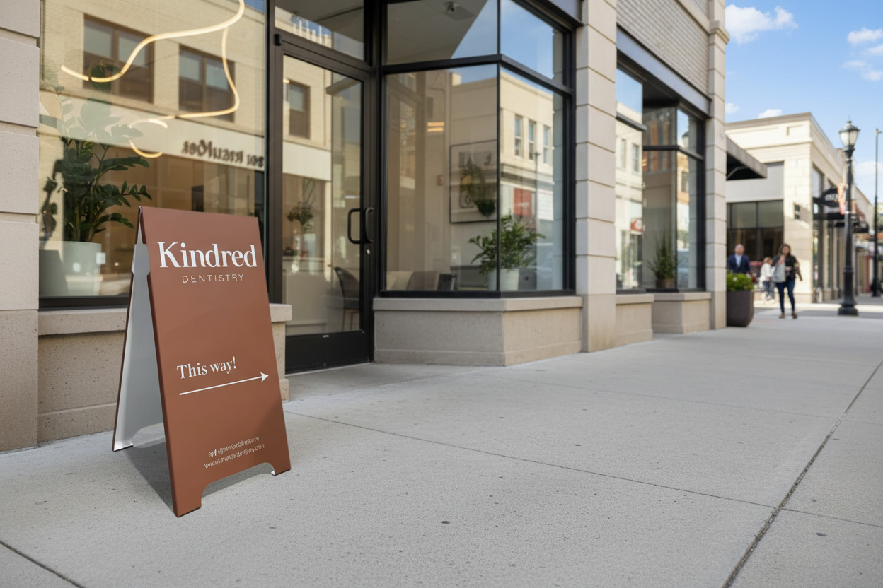 Brown a-frame sign pointing to 'Kindred Dentistry' with people in the background.