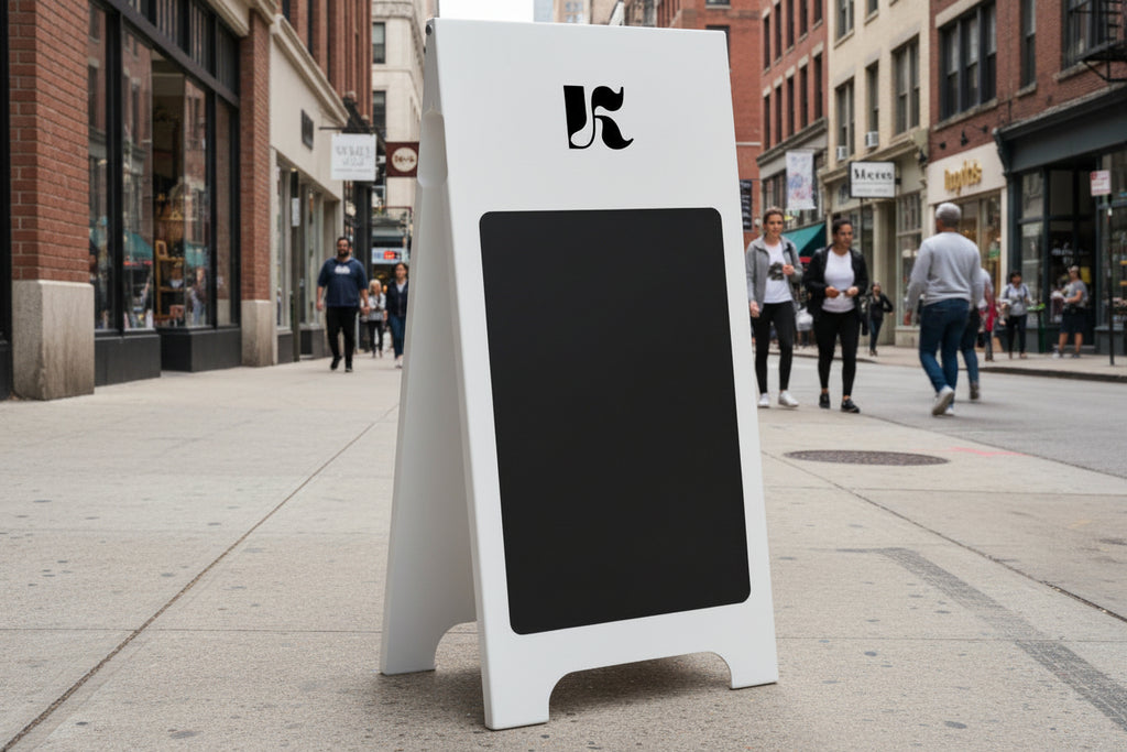 White a-frame sign with black chalkboard surface and logo in a city downtown