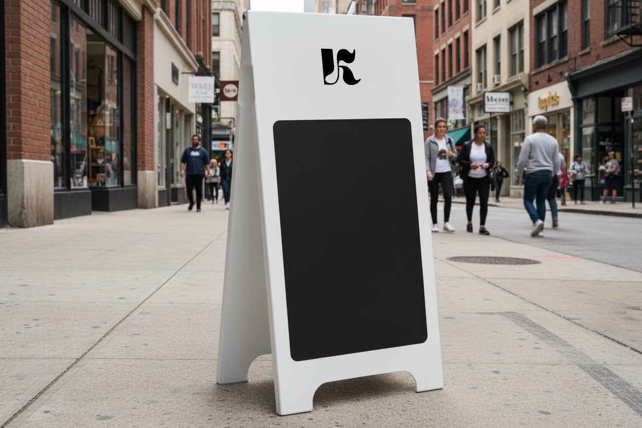 White a-frame sign with black chalkboard surface and logo in a city downtown