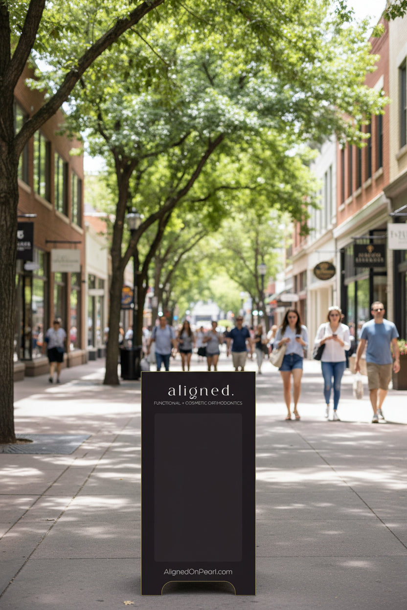 Black sidewalk sign with "aligned" logo at top