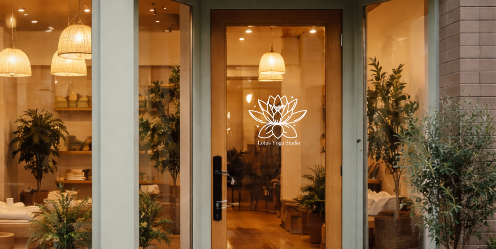 Entry door for a yoga studio with a decorative lotus flower logo on the door.