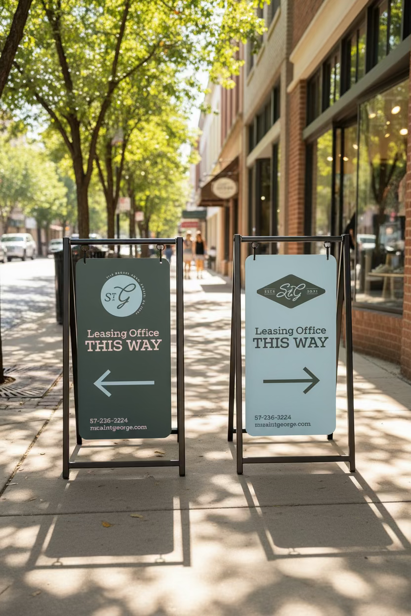 Two freestanding A-frame directional signs in a workshop or office setting. The left sign is teal with white text reading 'Leasing Office THIS WAY' and a left arrow; the right sign is white with a green logo and right arrow.