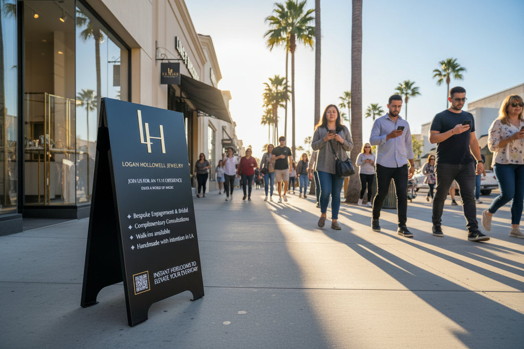 Black signboard with gold logo and text for Logan Hollowell Jewelry on a sidewalk.