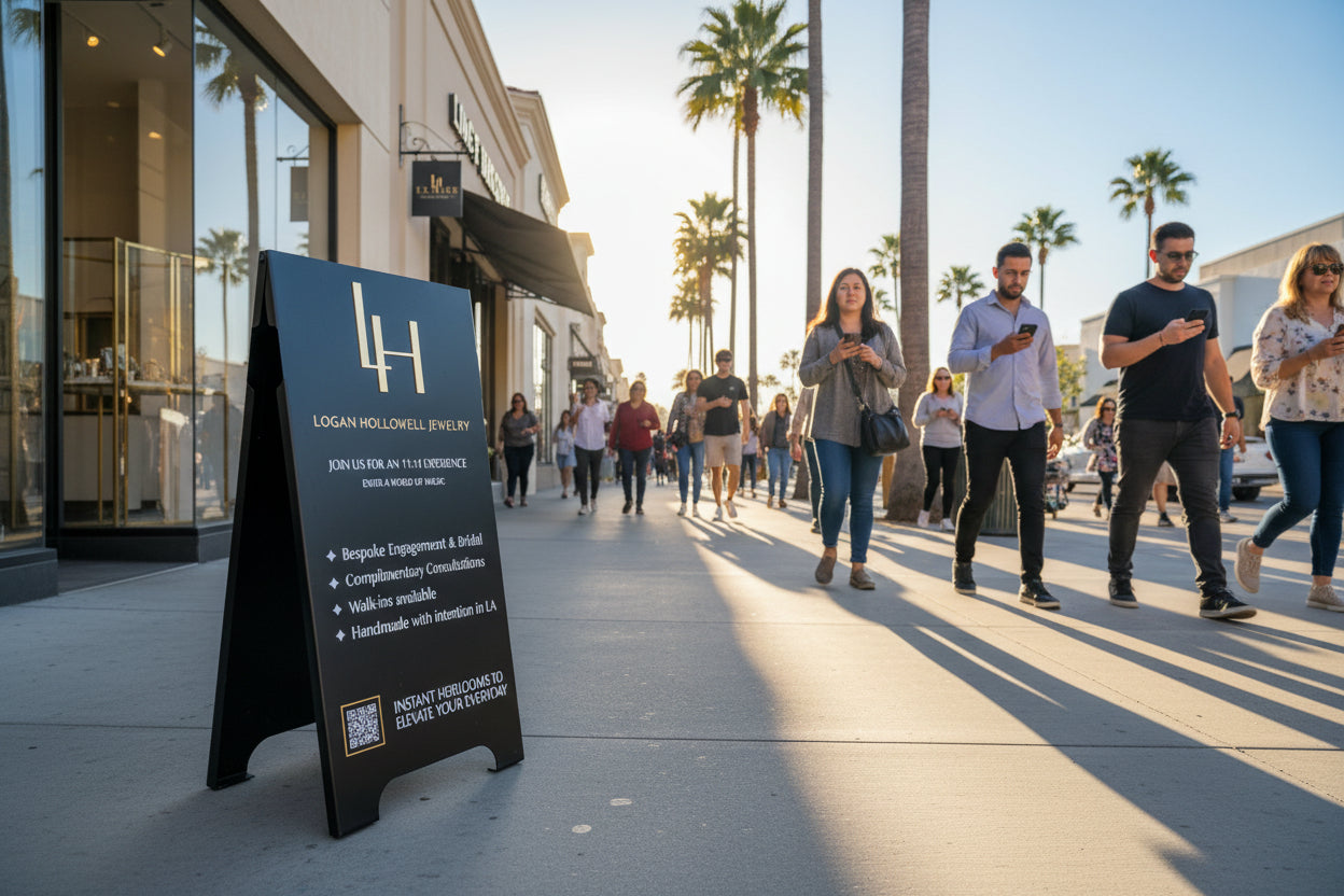 Black signboard with gold logo and text for Logan Hollowell Jewelry on a sidewalk.