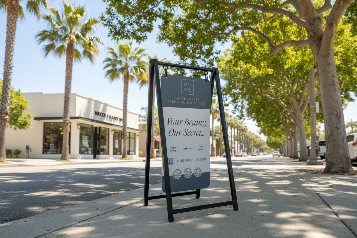 Medical Esthetics sidewalk sign on lit street