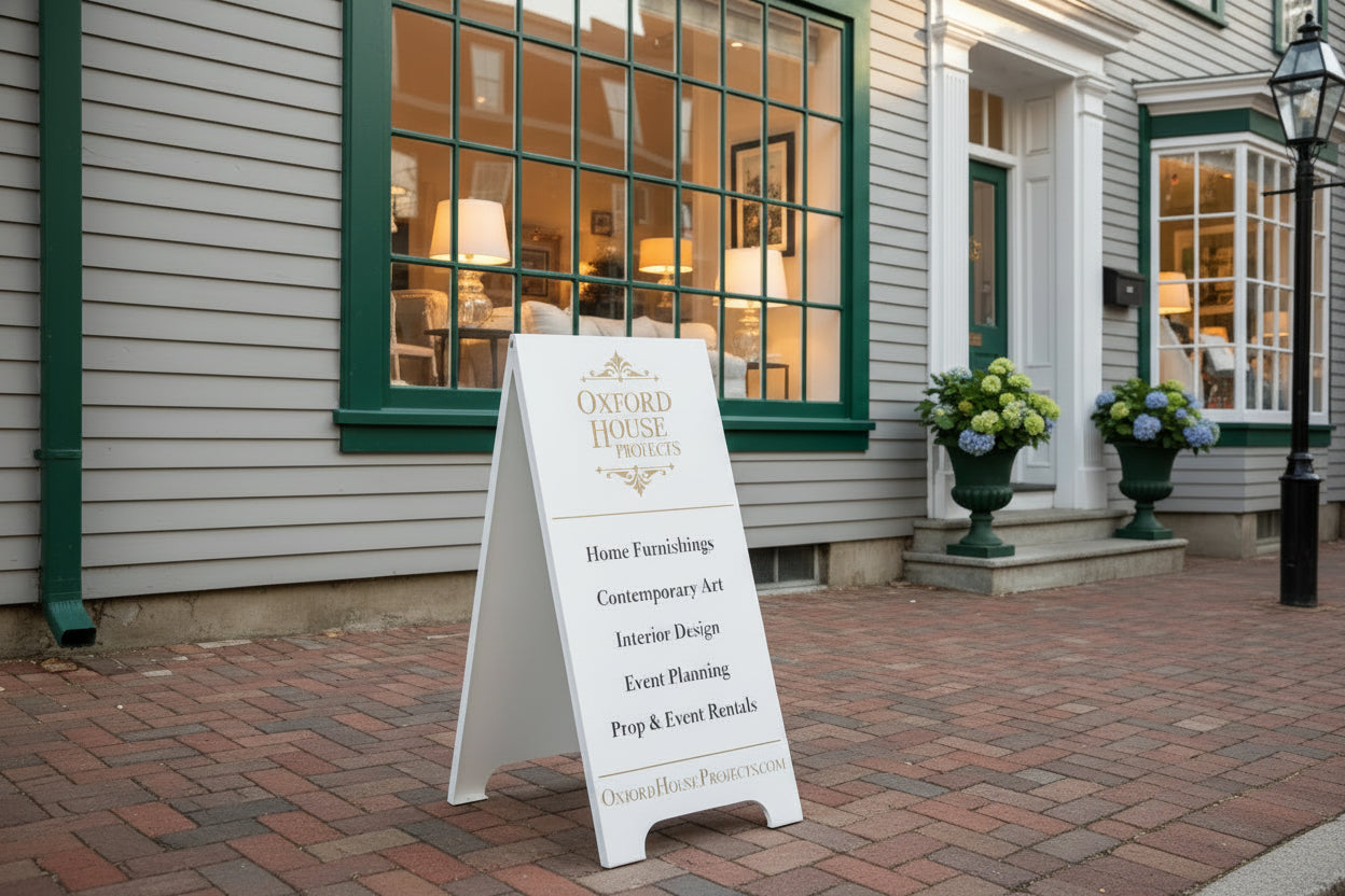 A signboard in front of a building with green windows and flower pots.
