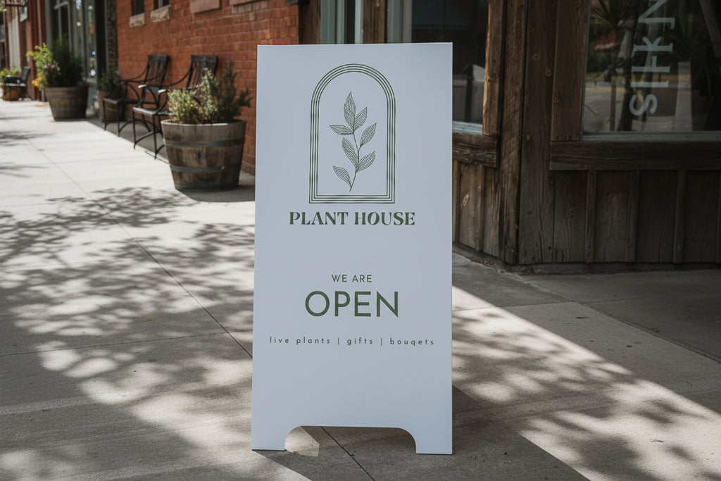 Outdoor sign for 'Plant House' with text and leaf design.
