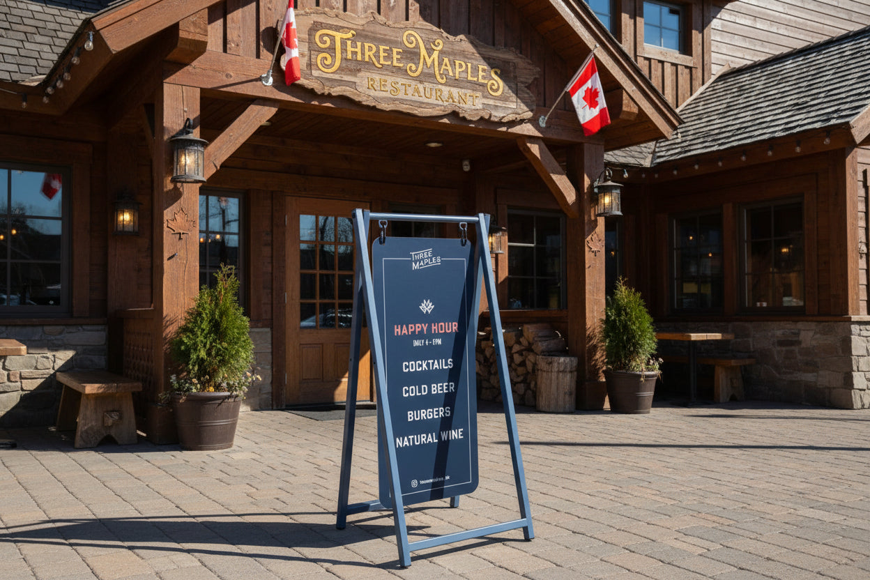 Outdoor signboard for Three Maples restaurant advertising happy hour specials.