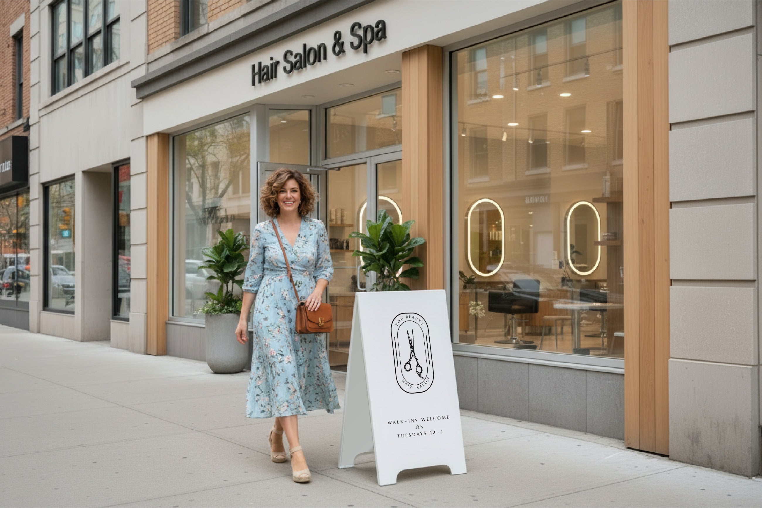 Sidewalk Sign for Walk-Ins outside hair salon