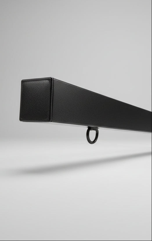 A close-up studio shot of a blacksign arm end cap with a welded mounting ring, shown against a clean light gray background.