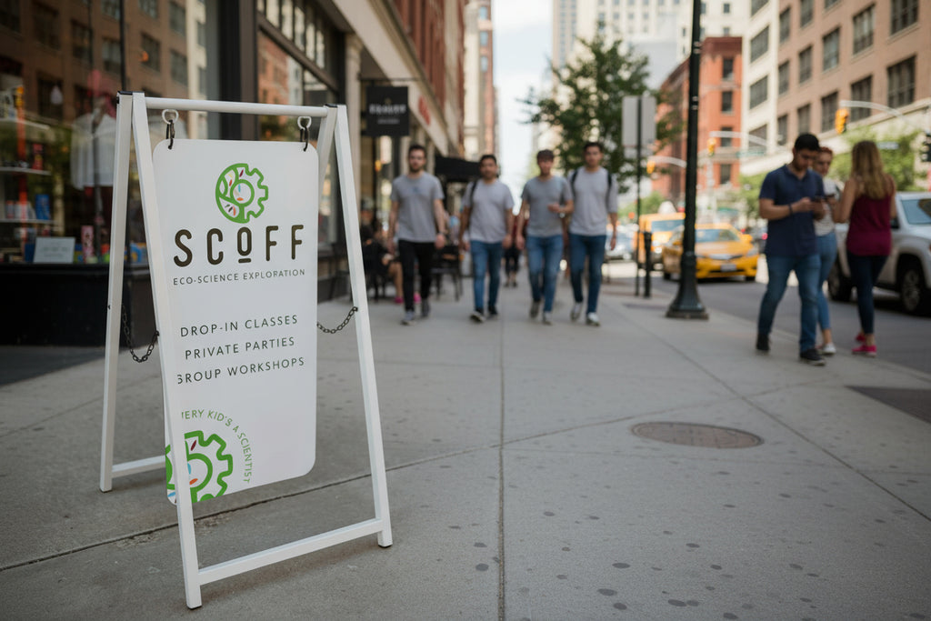 Outdoor sign for 'SCOFF' with eco-friendly branding on a sidewalk.