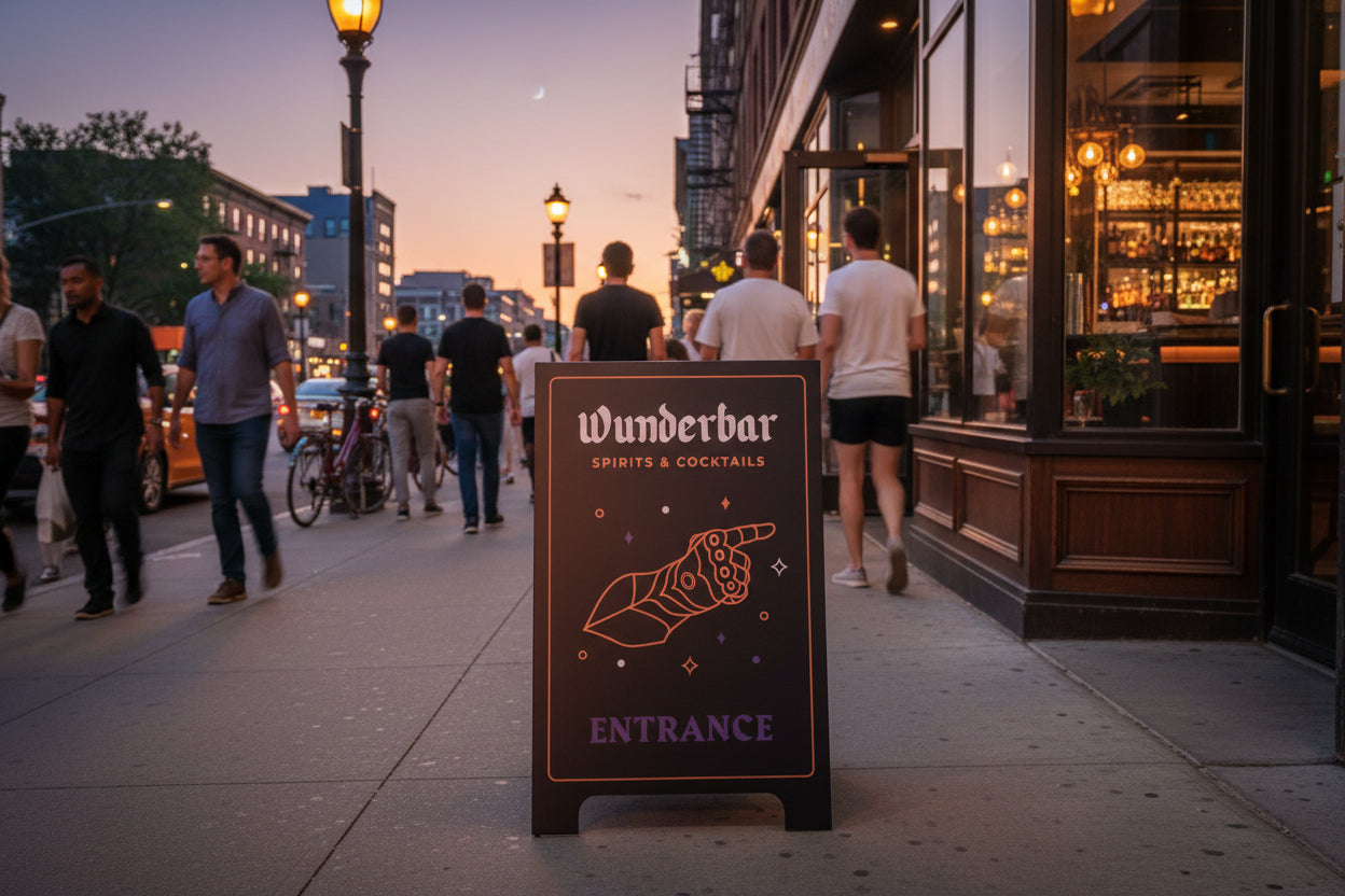 Wunderbar entrance sandwich board sign with hand graphic pointing toward door.